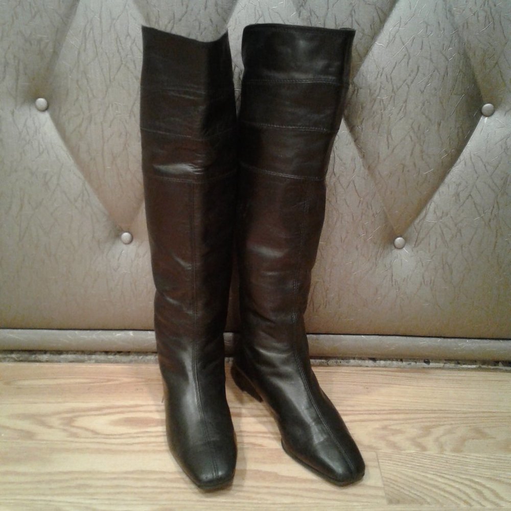 HIGH KNEE SHOES OVER THE KNEE BOOTS BLACK LAMB SKIN LEATHER size 5 5,5